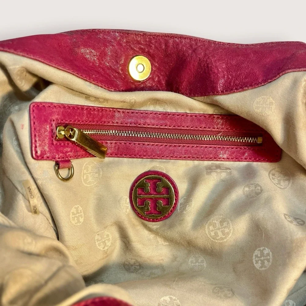 TORY BURCH Louisa Calfskin Leather Slouch Bag Pink Rose Red Merlot Large READ